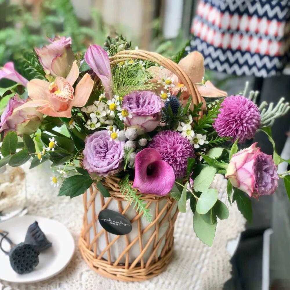 Practical Handmade Wicker Rattan Basket With Handle Decorative Garden Flower Pot Bread Fruit Storage Baskets Home Organizer