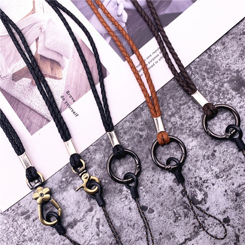 Cordón de cuero PU cuerda trenzada hebilla redonda de cobre antiguo excelente correa para llaves Tarjeta de Identificación pase gimnasio USB Cordón de teléfono móvil