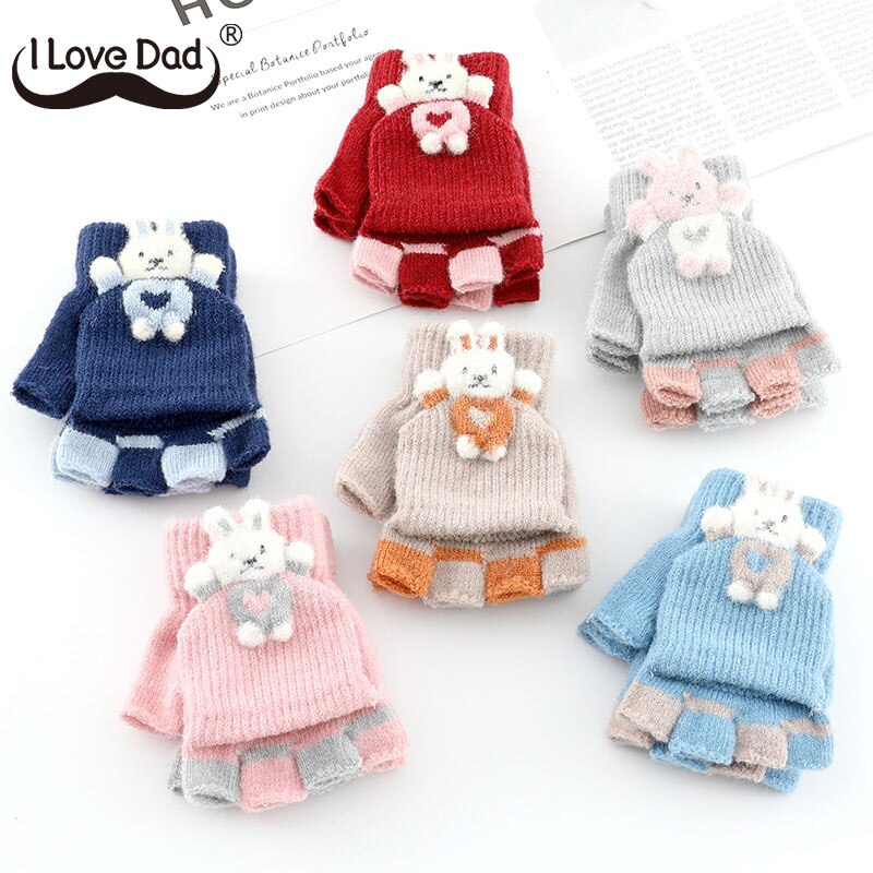 Gants d&#39;hiver en tricot pour enfants, motif lapin mignon, mitaines de dessin animé pour filles, doux et chauds, sans doigts, pour bébé de 2 à 7 ans