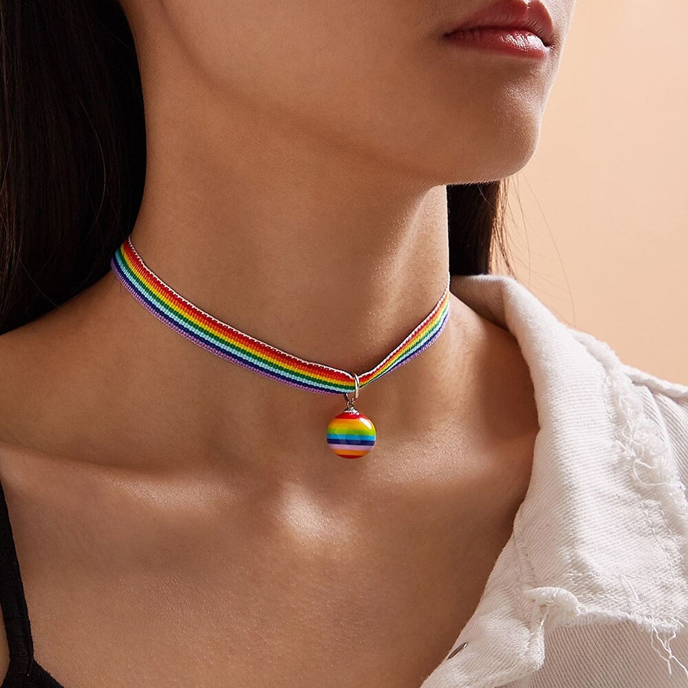 Modyle Men Women Gay Pride Rainbow Choker Necklace Gay And Pride Lace Chocker Color Ribbon Collar Punk Jewelry Party: N00310