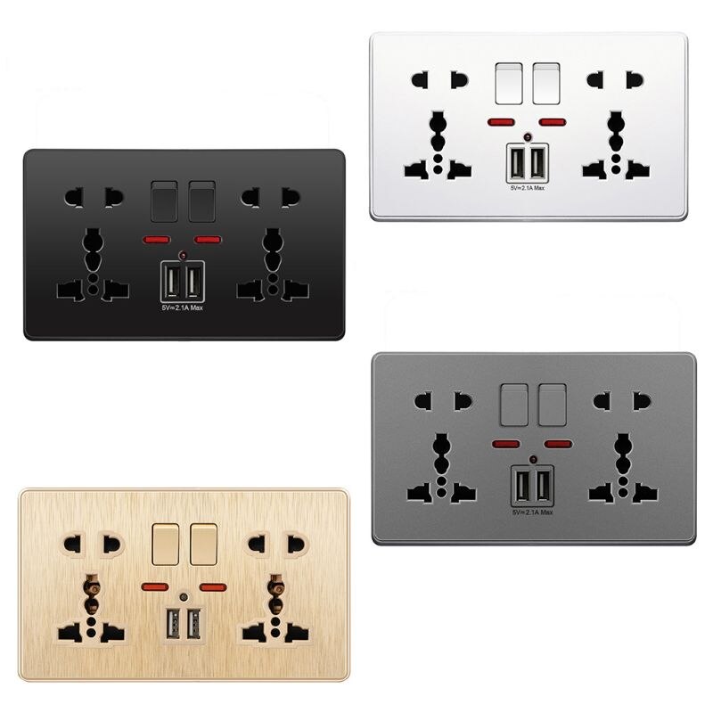 Multifunction UK 13A Wall Socket Push Button 2.1A Double USB Charging Ports Three-hole Two-hole Home Wall Outlet Button