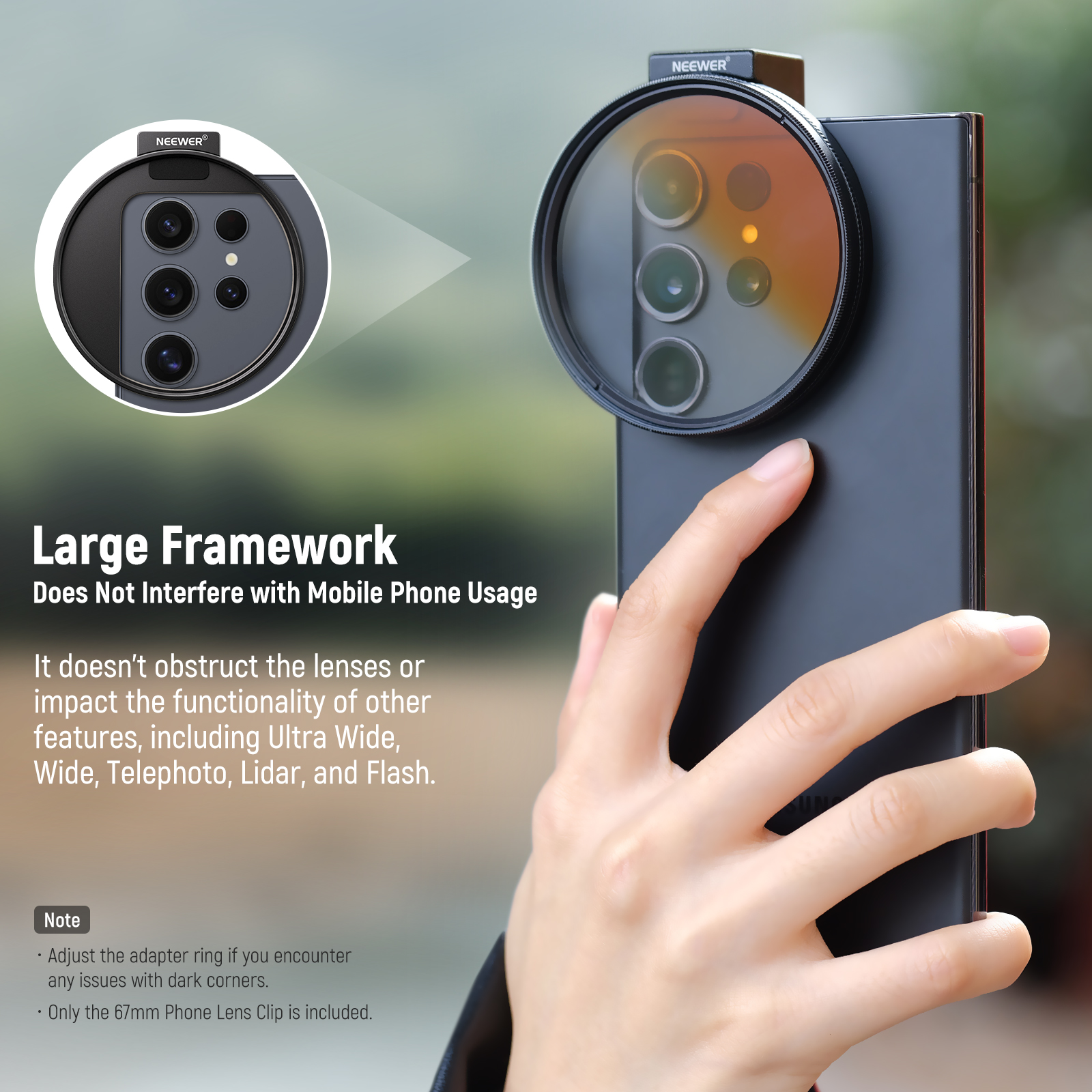 NEEWER 67mm support de filtre de téléphone pince de filtre d'objectif avec support de chaussure froide pour iPhone 15 Pro Max 15 Plus 14 13 Samsung Galaxy