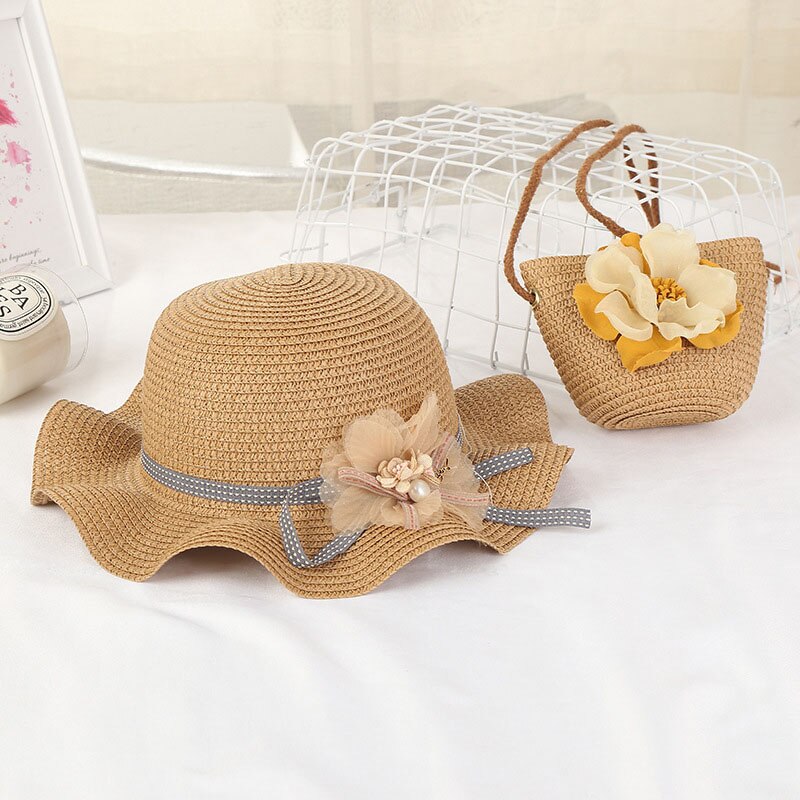 Women Girls Straw Sun Hat + Cute Flower Straw Shoulder Bag Set Summer Beach Kit -OPK