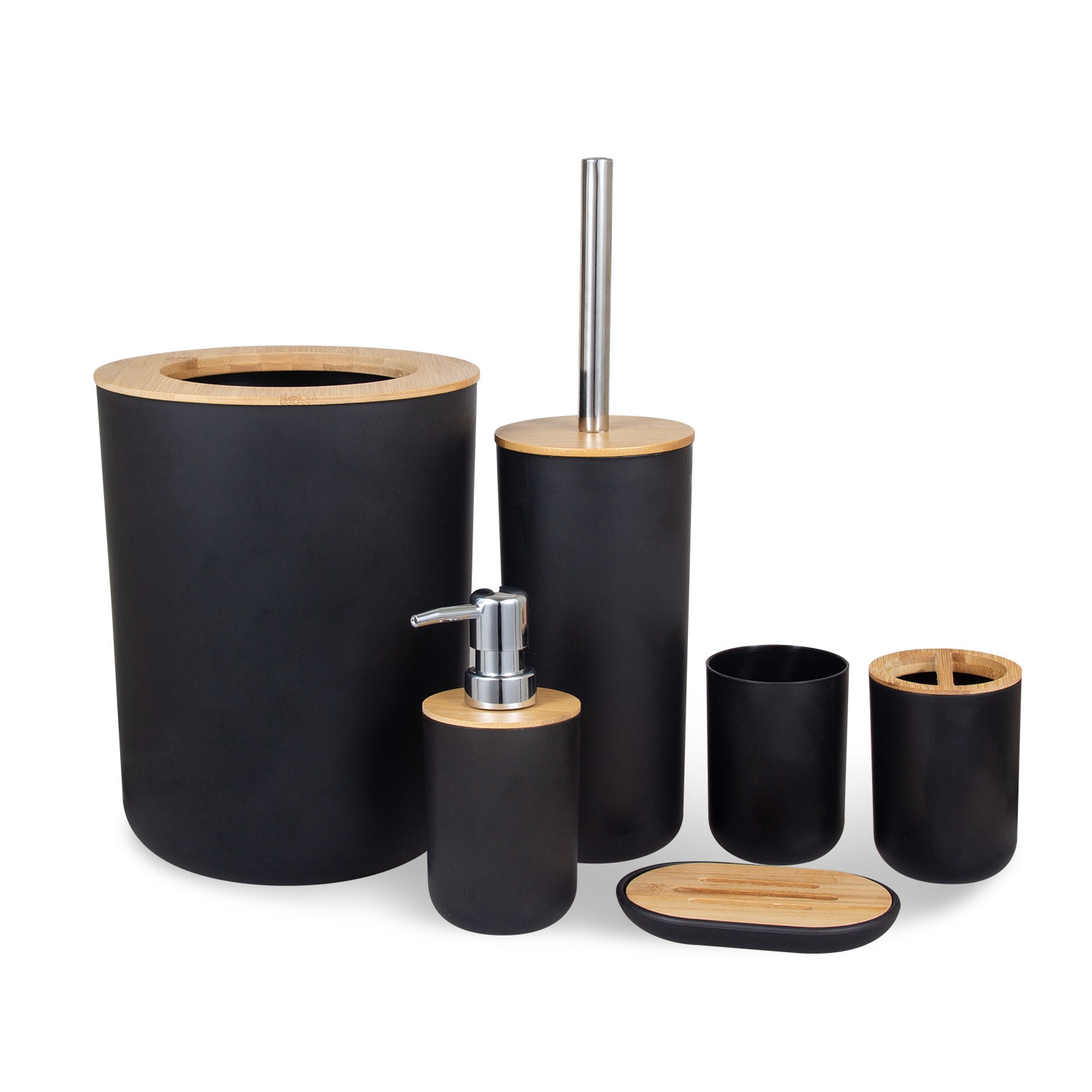 Set  of 6 badrumstillbehör i plast set med tandborsthållare av bambu tandkrämsdosa tvållåda toalett duschförvaring: Svart