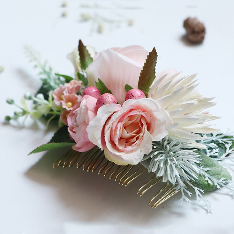 Acessórios para o cabelo de noiva placa plugue do cabelo pente artesanal simulação de pano flor bud pente de cabelo praia palha chapéu decoração: Rosa