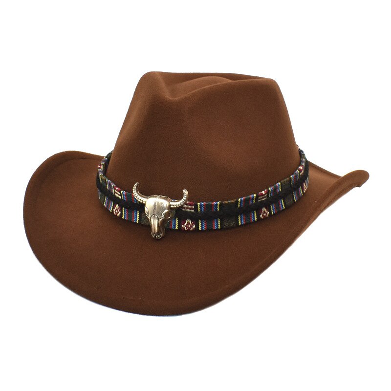 Lidasfish-Sombrero de vaquero occidental de ala ancha con banda para la Cabeza de Vaca, sombreros de Jazz de fieltro para hombre y mujer, gorra de Panamá negra, Otoño e Invierno: Brown