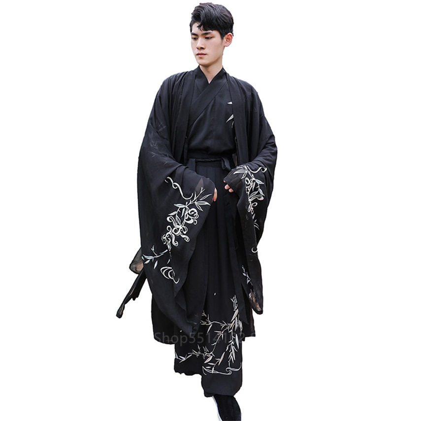 Hanfu-ropa tradicional china antigua para hombres y mujeres, traje bordado de bambú negro, conjunto de ropa de calle para parejas, trajes para adultos