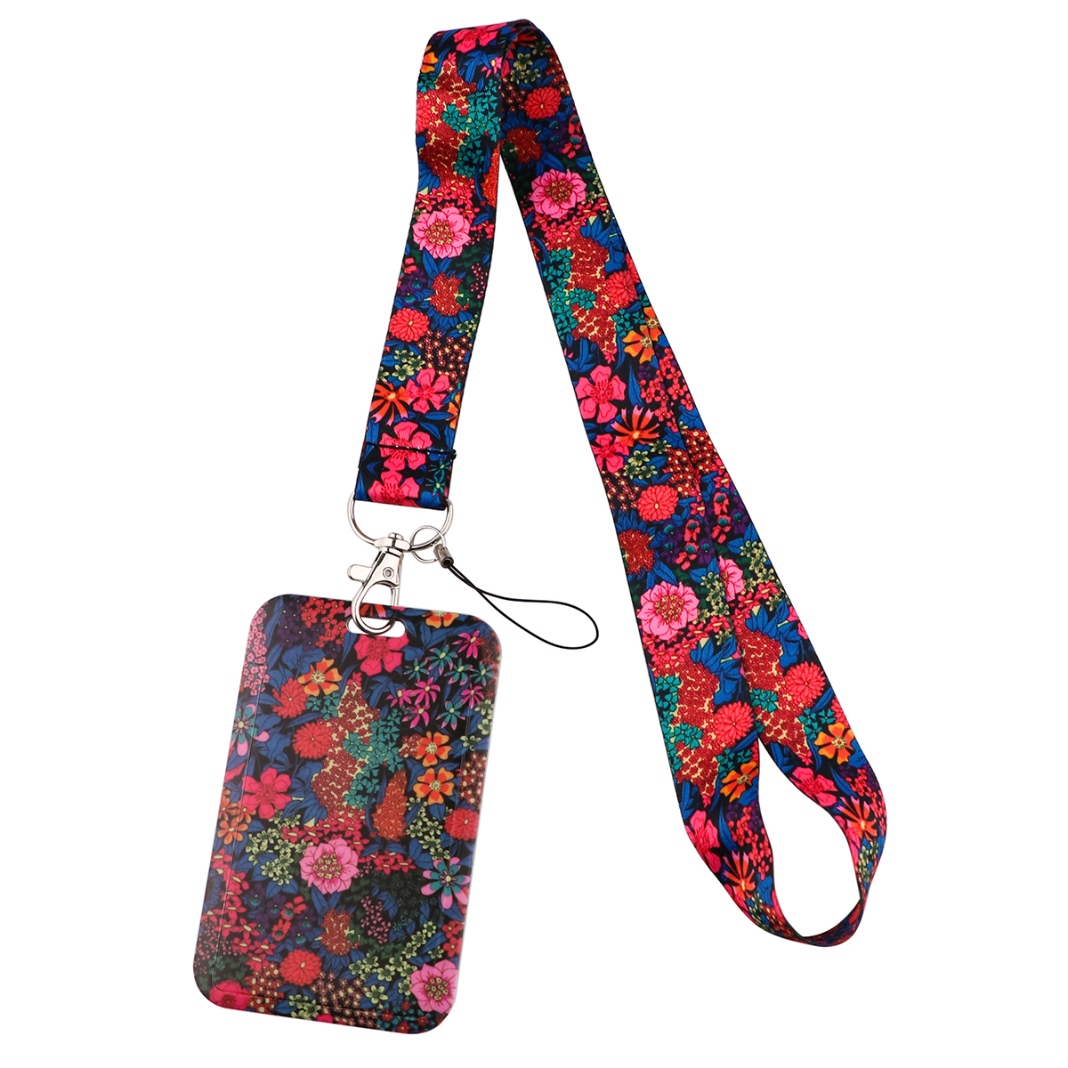Flowers Series Bright Floral Lanyards Neck Strap Mobile Phone Rope Credit Card Cover Card Sleeve Accessories: dark blue