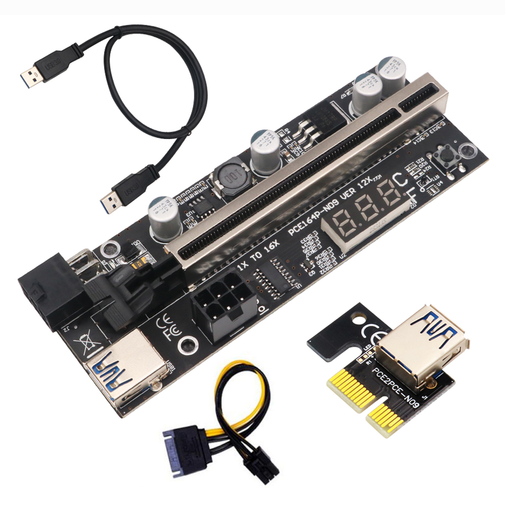 Newest Version PCIE Riser 1x to 16x Graphic Extension with Temperature Sensor for GPU Mining Powered Riser Adapter Card