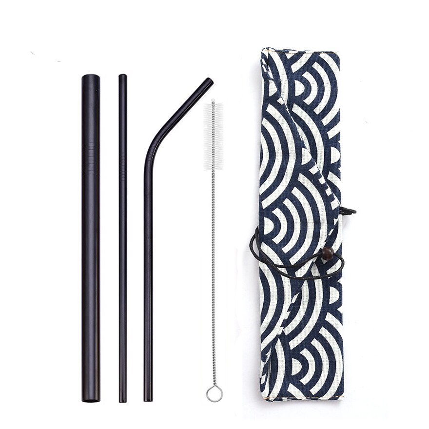 Reusable Metal Drinking Straws 304 Stainless Steel Straw Bent Straight Smoothies Straw with Cleaning Brush Bar Party Accessory: black-bag5