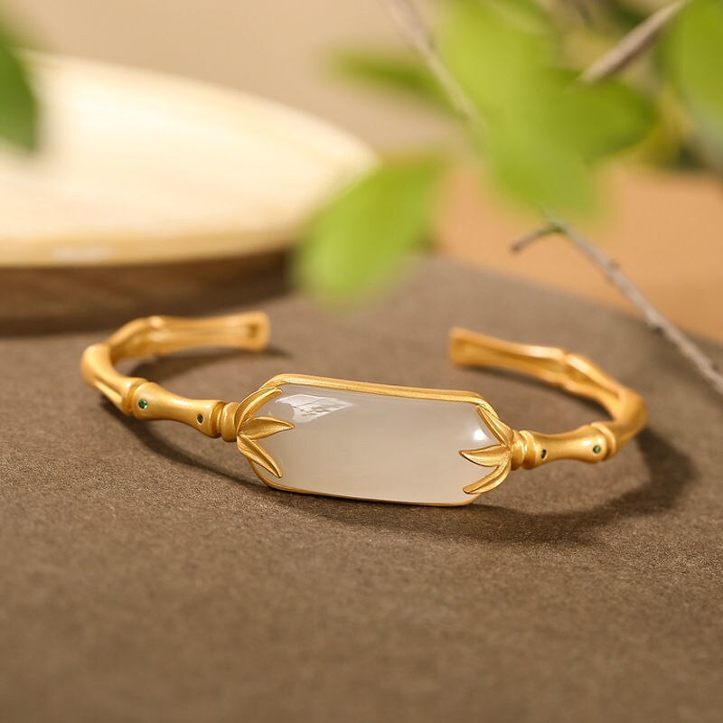 925 srebro pozłacane Hetian jadeit klasyczny bambusowy styk otwarcie bransoletki: Default Title