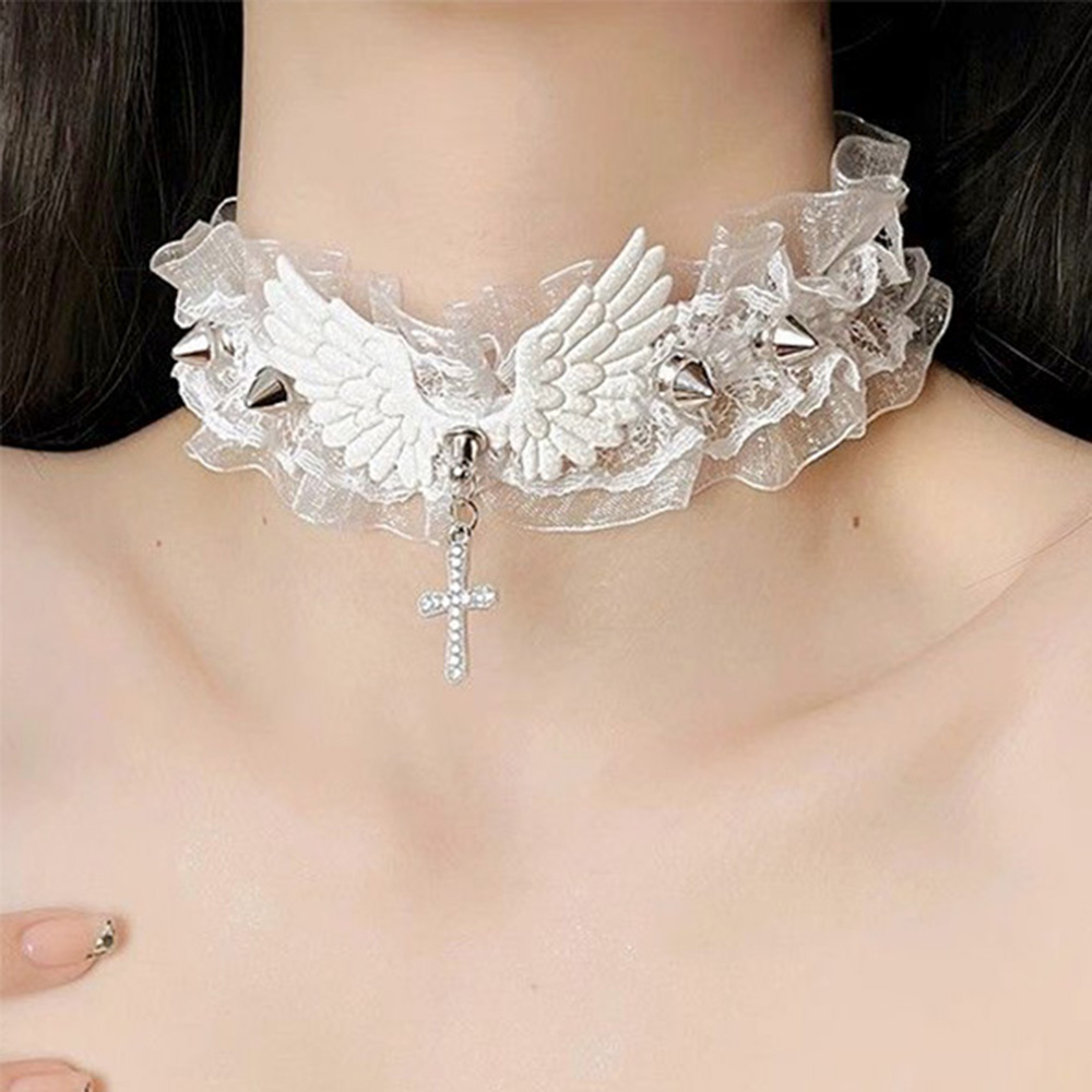 Hul sort/hvid blonde choker halskæde kors bling engel vinge nitte chokers vintage punk gotisk smykker goth halskæde til kvinder