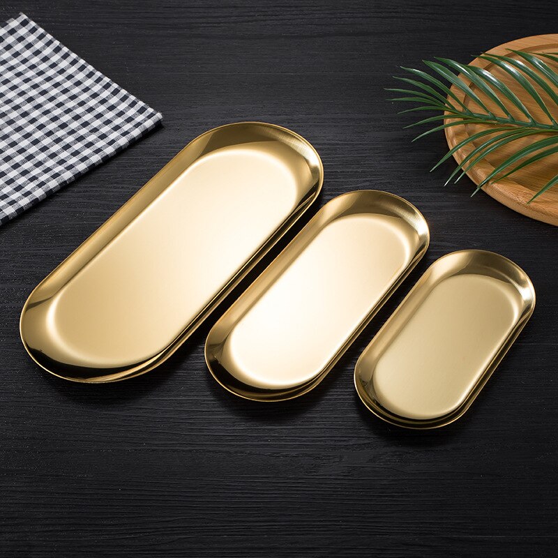 Nordic Korean Thick Stainless Steel Oval Plate Tray Snack Golden Barbecue Baking Container Serving Plates: Gold / 30cm