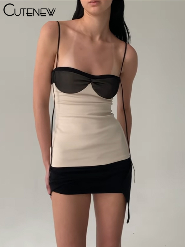 Cutenew Getäfelten Frauen Mini Kleid Concise Quaste Patchwork Eingewickelt Brust Unregelmäßige Backless Super-Kurze Vestido Trend Streetwear