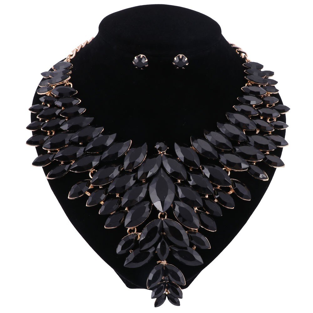 Women Crystal Jewelry Set Gold Color Necklace Earring African Costume Nigerian Wedding Accessories Jewelry Set: black