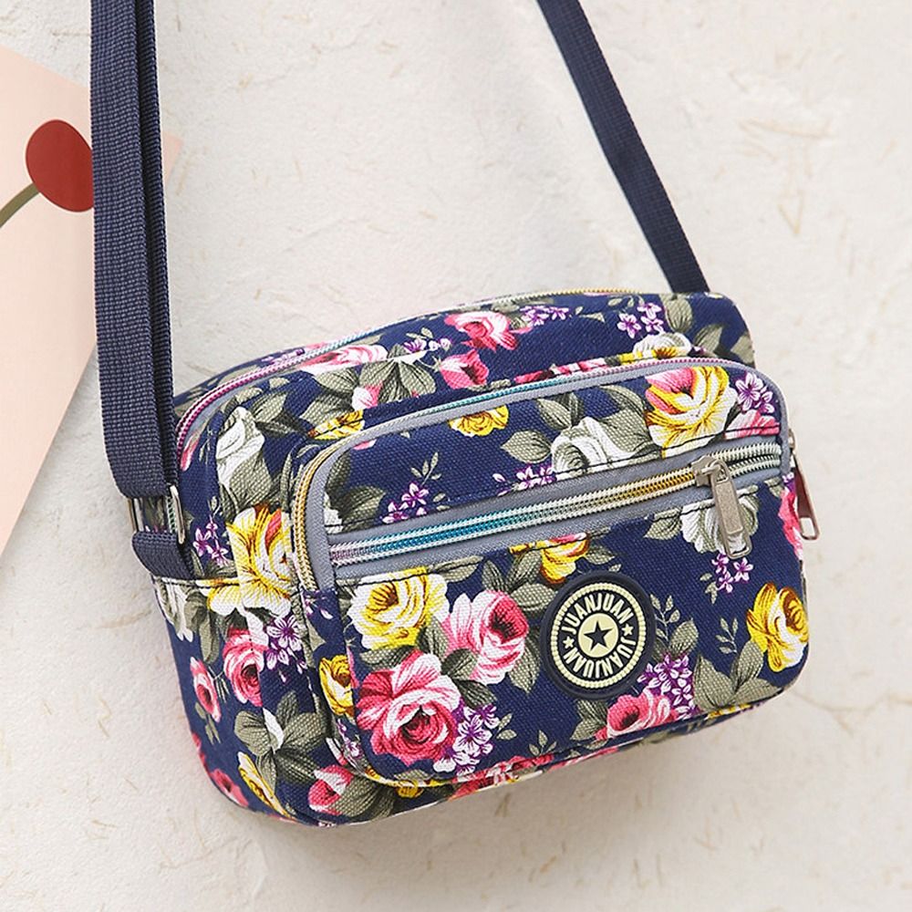 Casual rugzak messenger tas van nylon canvas, schoudertas met meerdere lagen en bloemenprint, moedertas, dames crossbodytas: Hemelsblauw