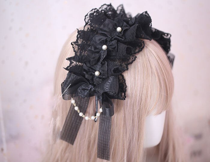 Diadema de estilo japonés gótico Lolita con lazo, accesorios para el cabello, banda para el cabello negra y roja, cadena de perlas hecha a mano