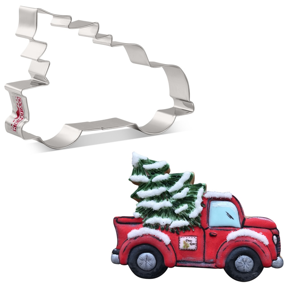 Keniao pick-up truck med juletræs kageudstikker  - 9.1 x 12.4cm -  kiks fondant sandwich brødform - rustfrit stål