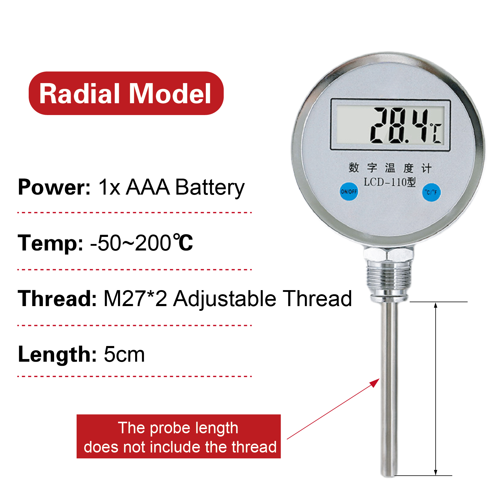 LCD-110 Digital Bimetallic Thermometer LCD Display Industrial High Precision Water Temperature Gauge Stainless Steel Sensor: Beige