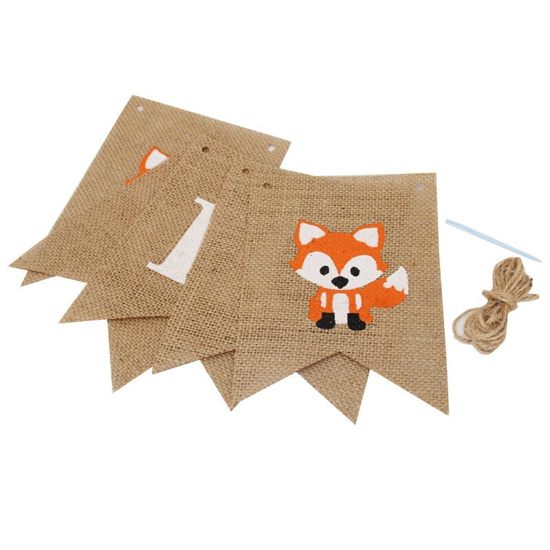 Fox Birthday Pulling Banner Linen Swallow Tail Flag Birthday Party Banner Supplies