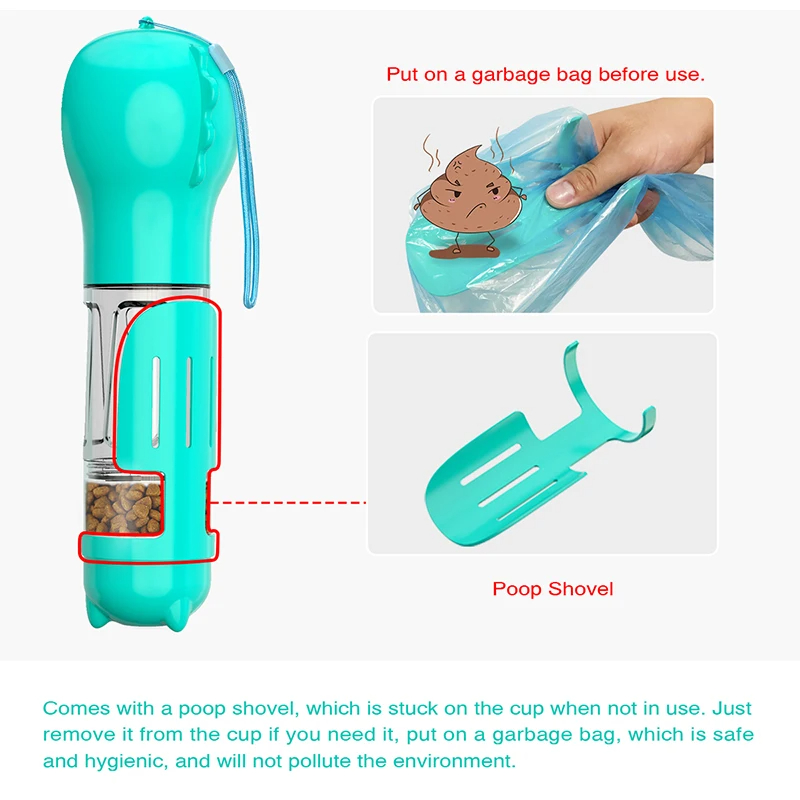 Botella de agua portátil para gatos y perros, alimentador de alimentos, bebedero, dispensador de caca 3 en 1, prueba de fugas,