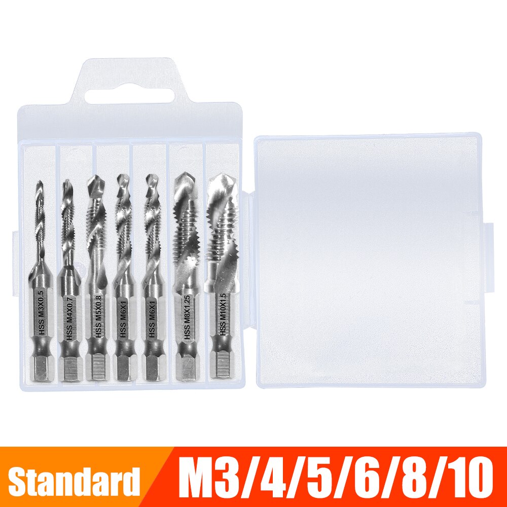 Metric Thread Tap Drill Bits Set Hex Shank HSS Titanium Plated Screw Thread Combination Drill Tap M3 M4 M5 M6 M8 M10 Hand Tools: 7PCS Silver Standard