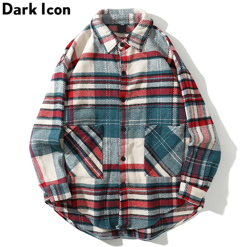 Dark Icoon Turn-down Kraag Retro Flanel Plaid Shirts Harajuku Hip Hop Geruite Shirts Mannelijke Lange Mouw Blouse