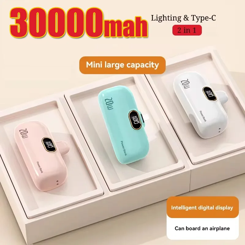 30000 mah mini trådløs powerbank kapsel hurtiglading mobil strøm nødstrøm eksternt batteri for type-c iphone chic powerbank