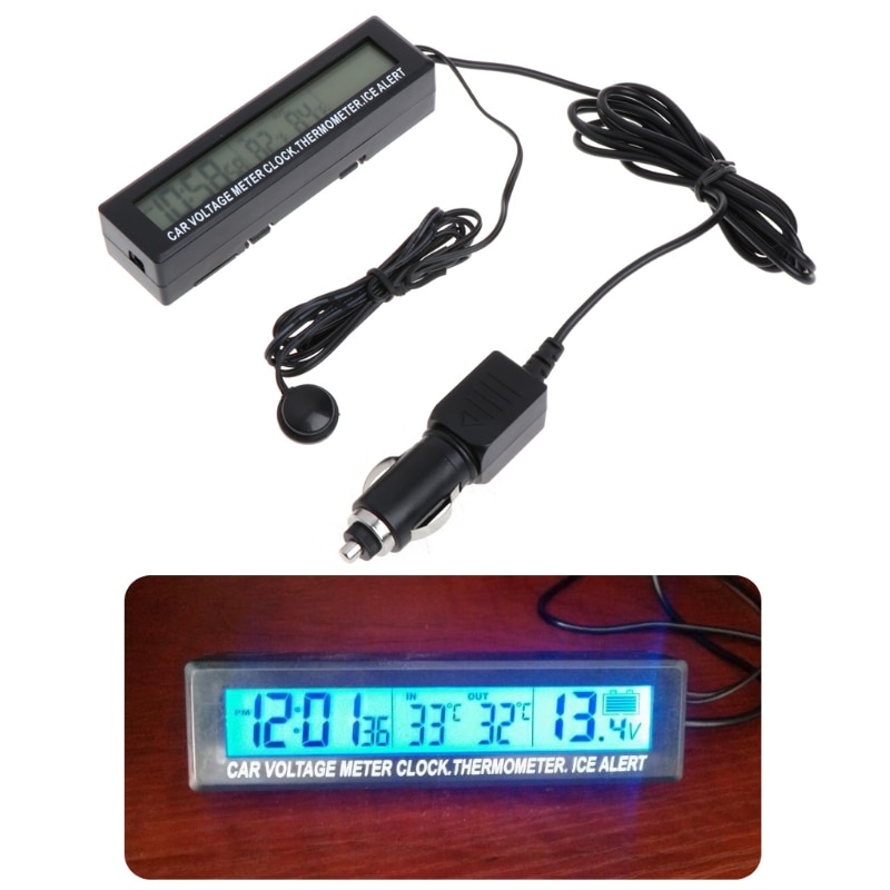Ootdty 3 In 1 Digitale Auto Thermometer Batterij Voltage Monitor Auto Thermometer Voltmeter Lcd Klok Auto Sigarettenaansteker 12V /24V