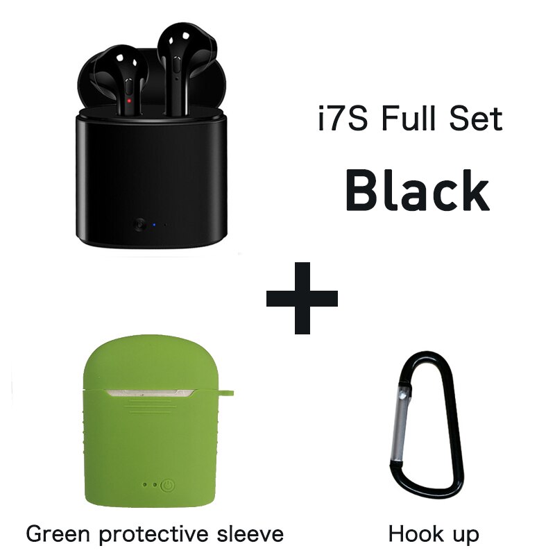 i7s TWS Wireless Earphone Bluetooth 5.0 Stereo Headphones In-Ear Sports Handsfree Earbud With Mic Charging Pod For iPhone Xiaomi: i7s(Black)Green case