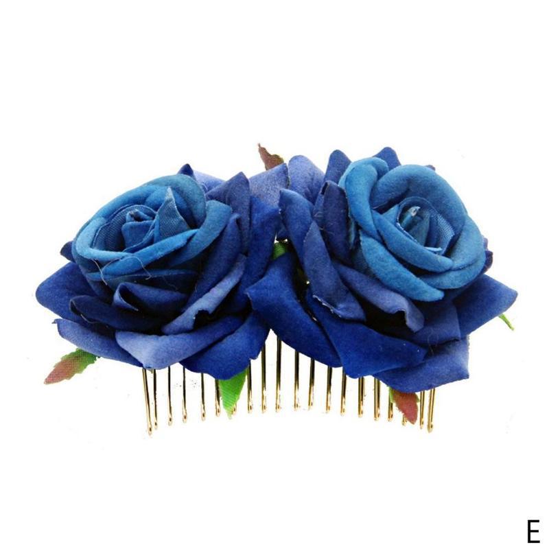 1 peine de pelo Artificial romántico de doble seda flor de Rosa para mujer, pinza de pelo blanca púrpura, tocado para baile de boda: Blue