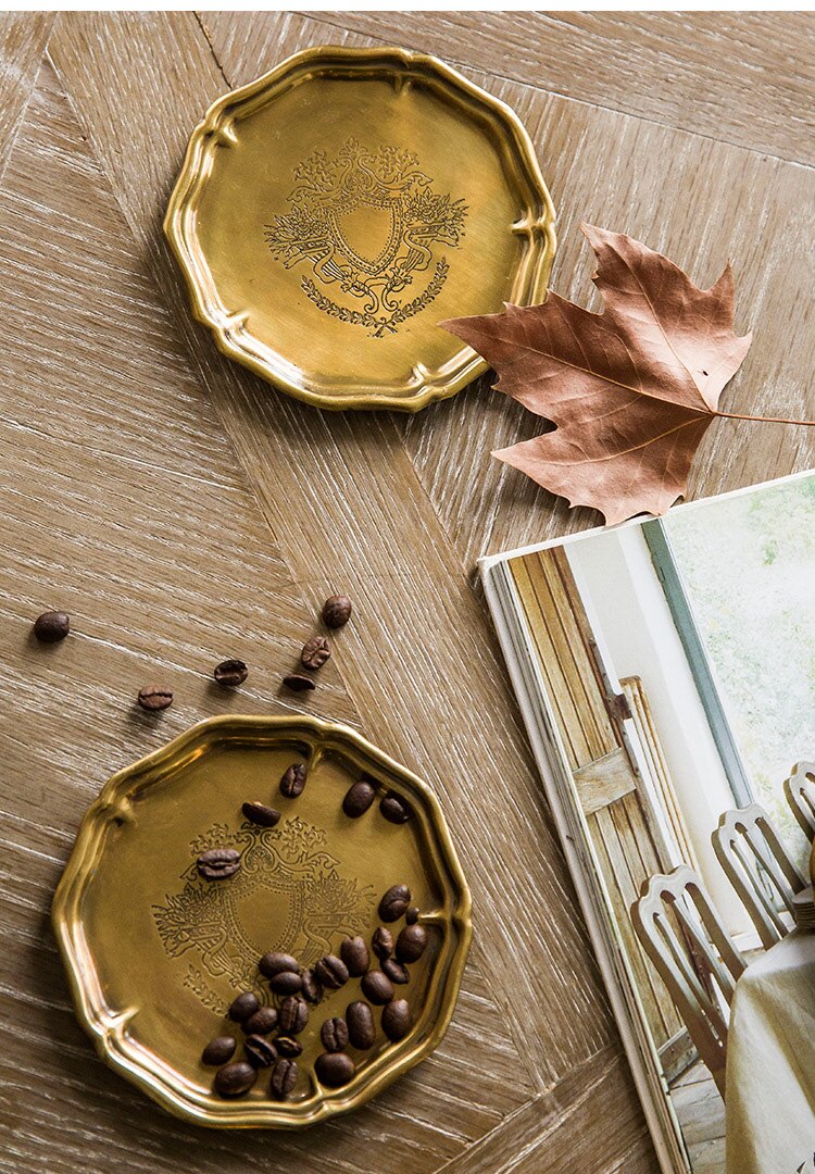 Copper Plate 12.5cm Snack Tray Dessert Plates Dinnerware Jewelry Storage Tray Carved Flowers
