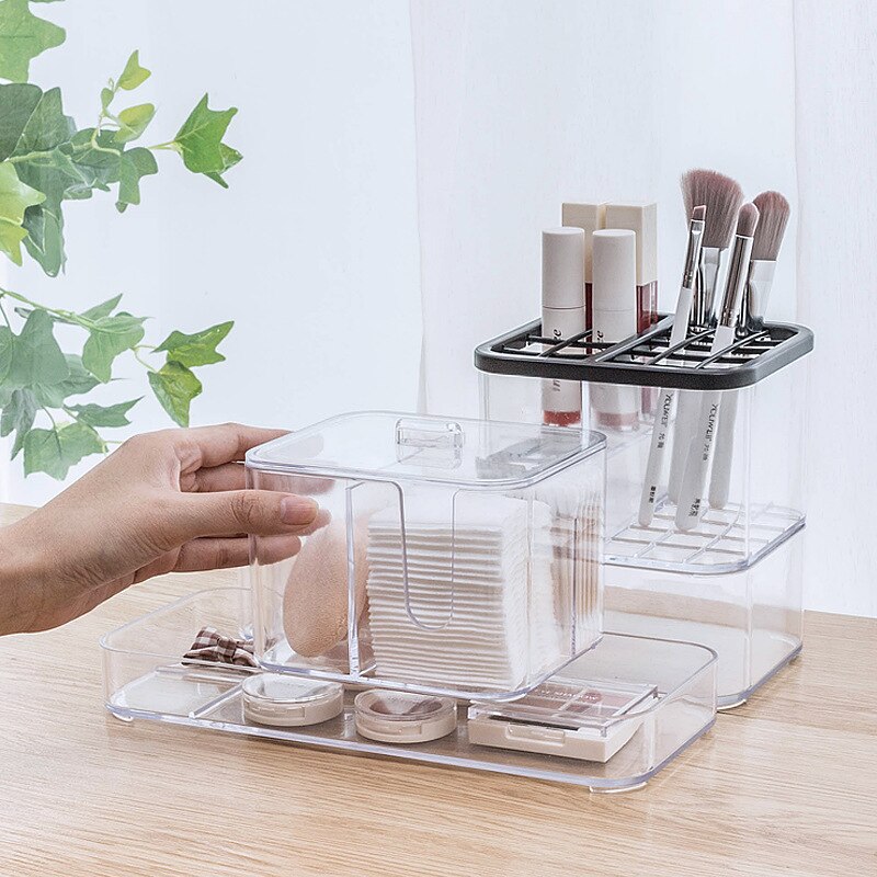 Plastik makeup arrangør vatrondell kasse kosmetisk arrangør makeup boks læbestift makeup børste opbevaring badeværelse bord arrangør