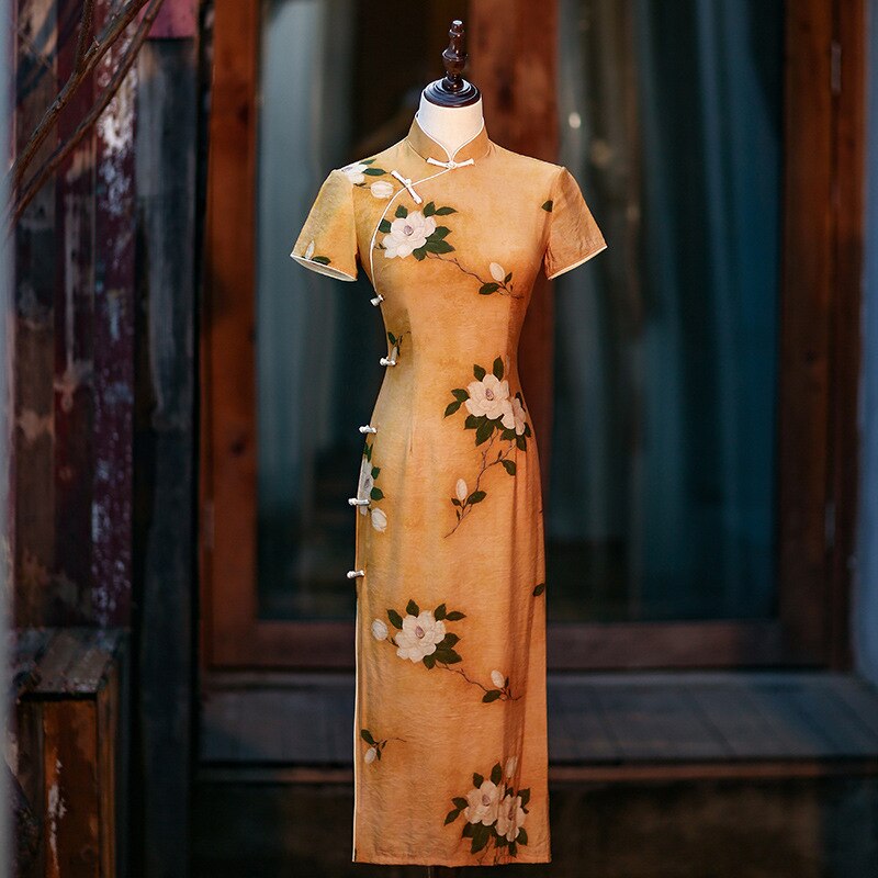 Yellow Chinese Cheongsam Girl Spring Vintage Dress Women Clothing Handmade Button Floral Long Dress Qipao: XL