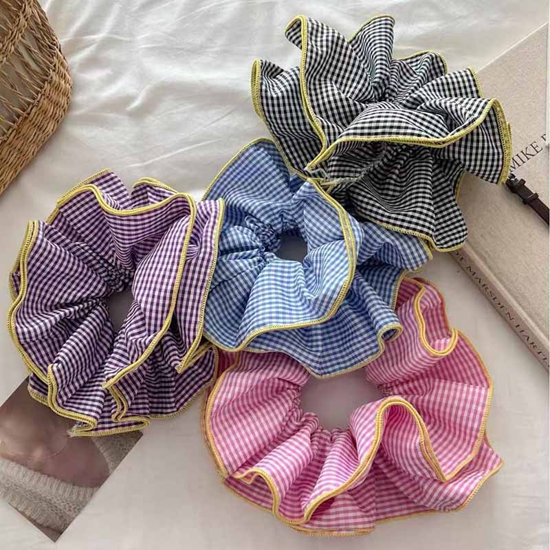 Retro Colorful Lattice Ruffles Hair Scrunchies Headbands for Women Girls Sweet Romantic Hair Rope Rubber Band Hair Accessories