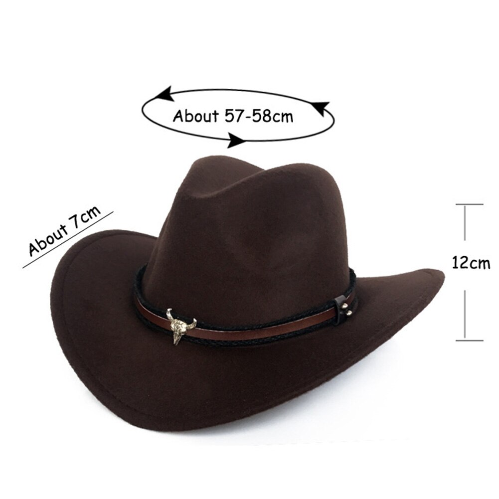 Ox Head Unisex Western Cowboy Woolen Hat Wide Brim Fedora Jazz Cap with Strap Cowboy Woolen Hat Wide Fedora Jazz Cap with Strap
