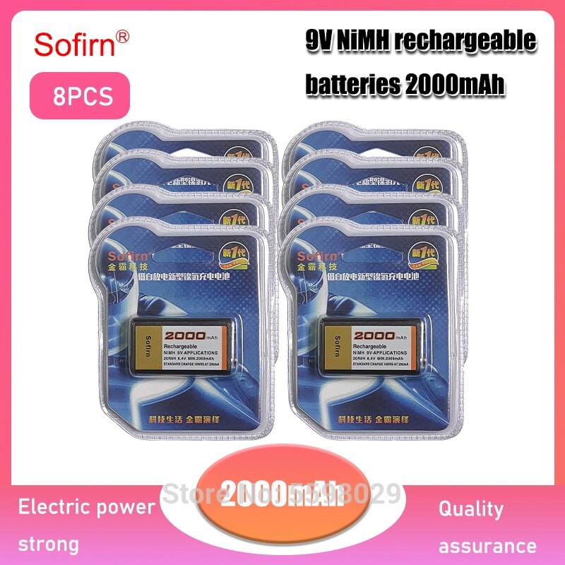 Sofirn 2000mAh 9 Volt Ni-MH Rechargeable Battery 9V Ni-MH Battery for RC Helicopter Model Microphone Toy 9V Nimh Batteries: 8PCS