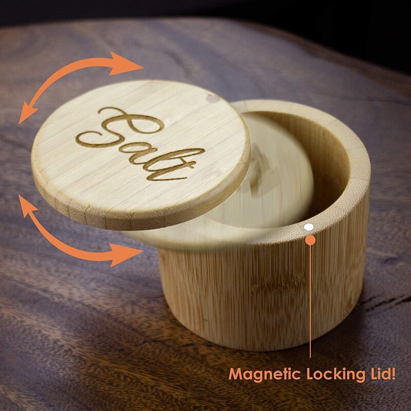 Salt Box, Bamboo Storage Box With Magnetic Swivel Lid, Salt Engraved On Lid Bamboo Salt Keeper Storage Box