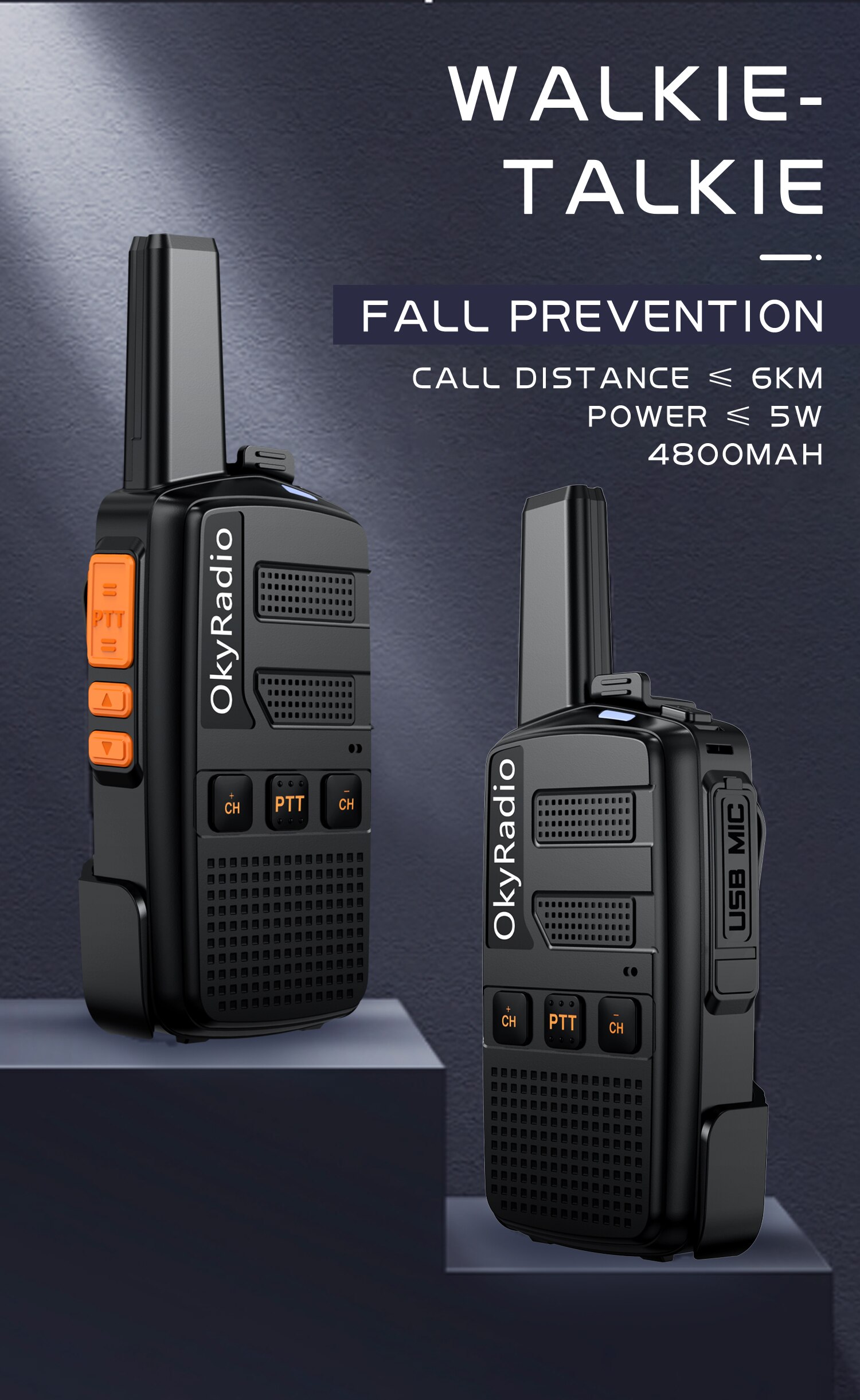 OkyRadio-walkie-talkie portátil, dispositivo resistente al agua, con llamadas de 6km, batería de 4800mAh, 5w,