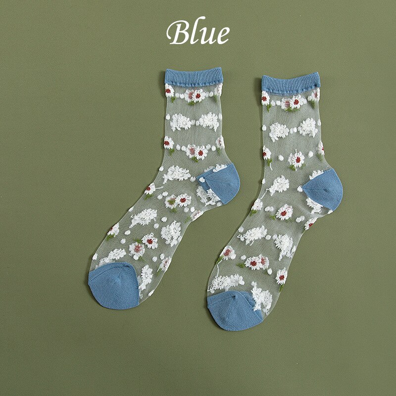 7 Colors Daisy Cartoon Sock Women Summer Sweet Polyester Breathable Cute Cartoon Street Snap Socking One Size: Blue