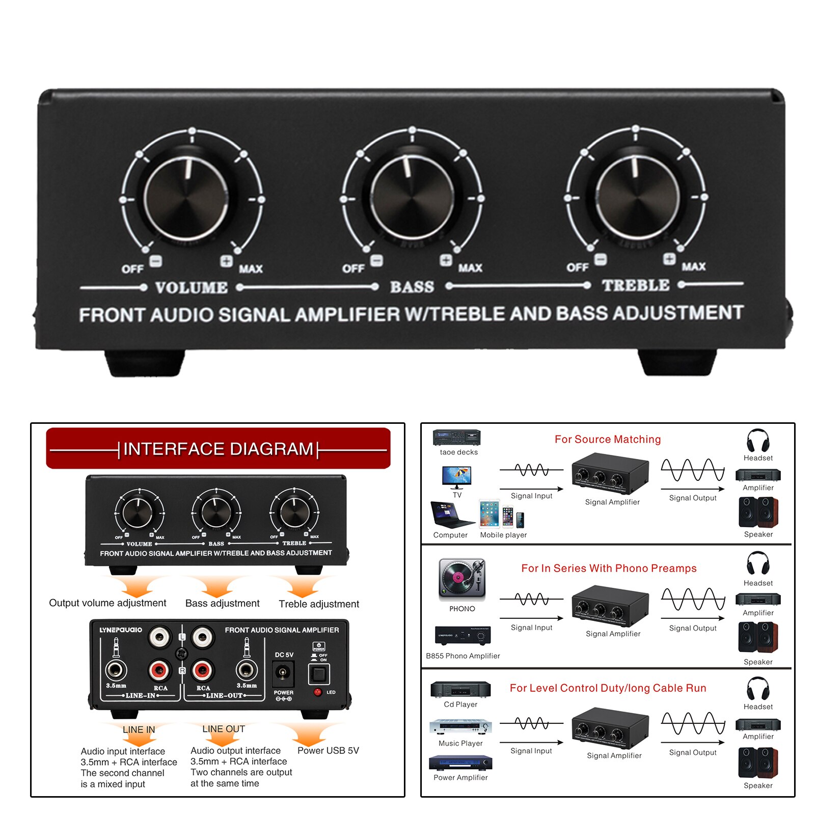 Stereo Sound Amplifier Headphone Speaker Amplifier Booster with Reverb Treble and[Low Bass Adjustment 2-Way Mix