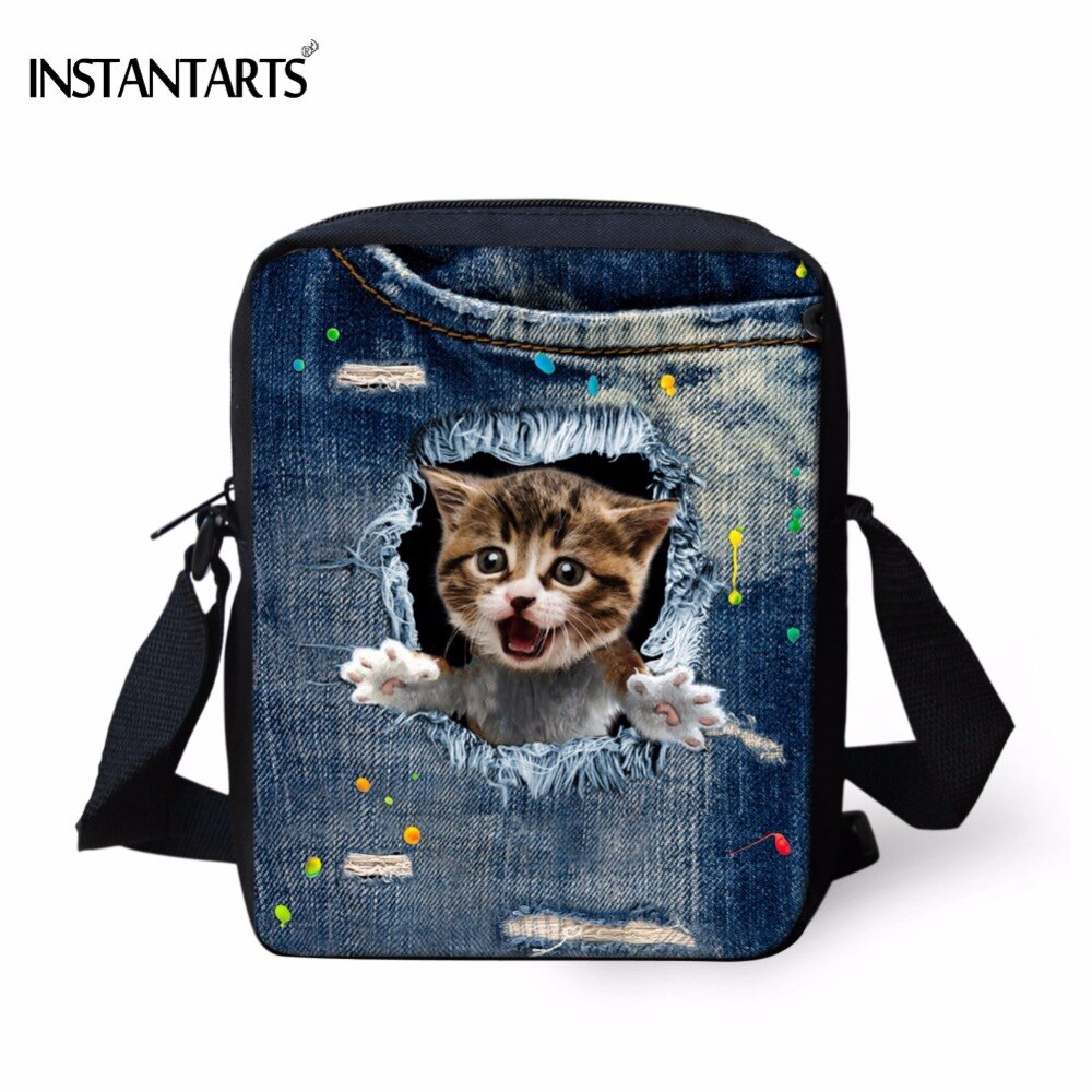 Instantarts Kawaii 3D Denim Kat Print Vrouwen Mini Messenger Bag Mode Dames Reizen Schoudertas Cross Body Bags