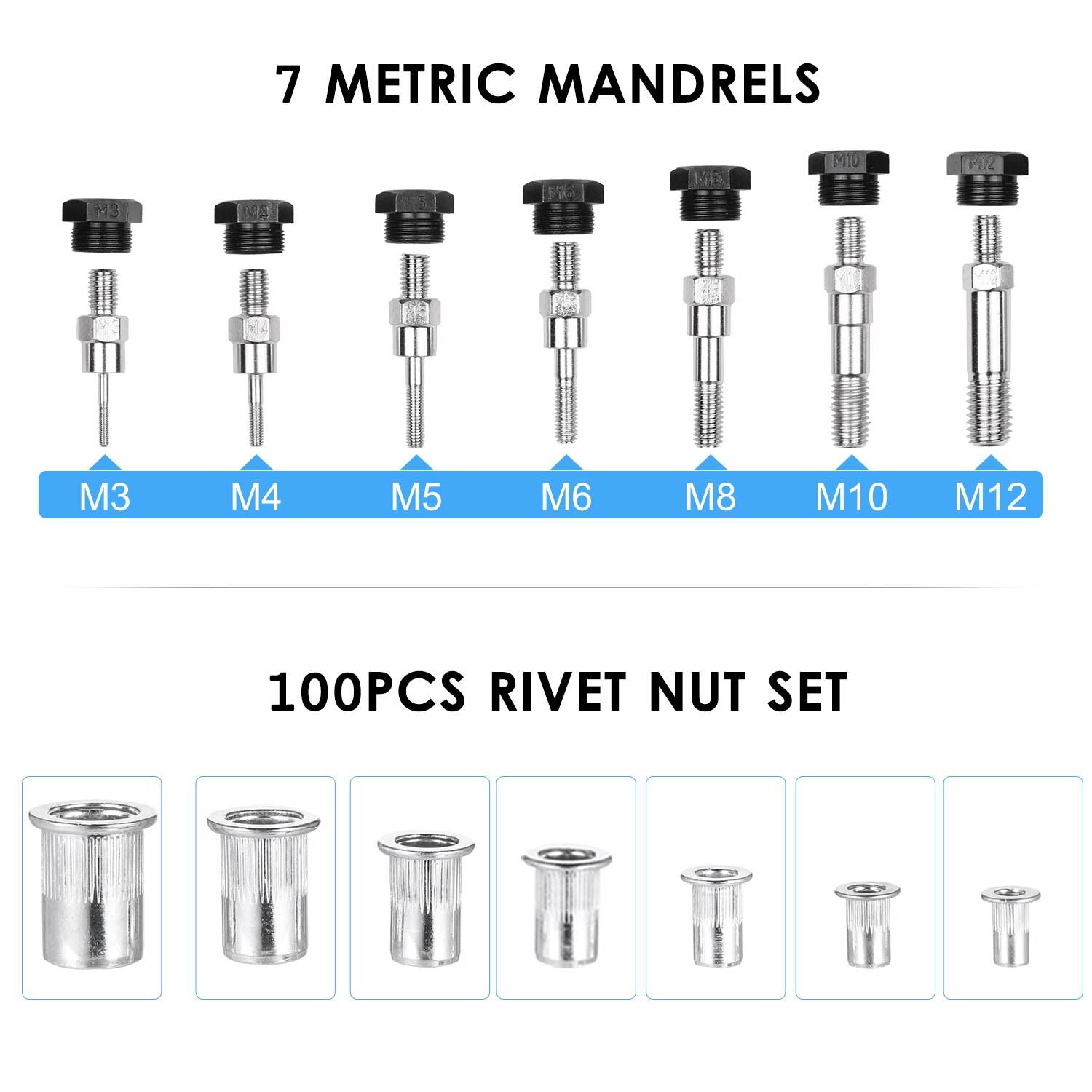 110Pcs Hand Rivet Nut Tool Riveting Tool Set Rivet Nut Setter Kit with 100pcs Assorted Rivet Nuts 7 Metric Mandrels