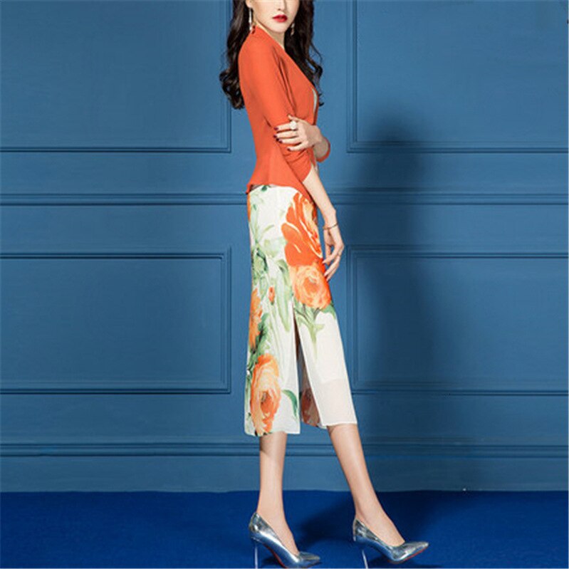 Vår sommer kjole kommode kvinner sett chiffong trykt blyant kne lengde ermeløs kjole todelt kontor klær
