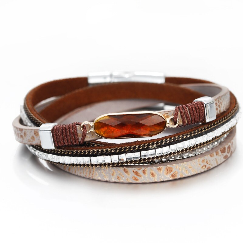 Amorcome Simple Ladies Crystal Charms Leather Bracelet for Women Boho Multilayer Wrap Bracelet Female Jewelry: Brown