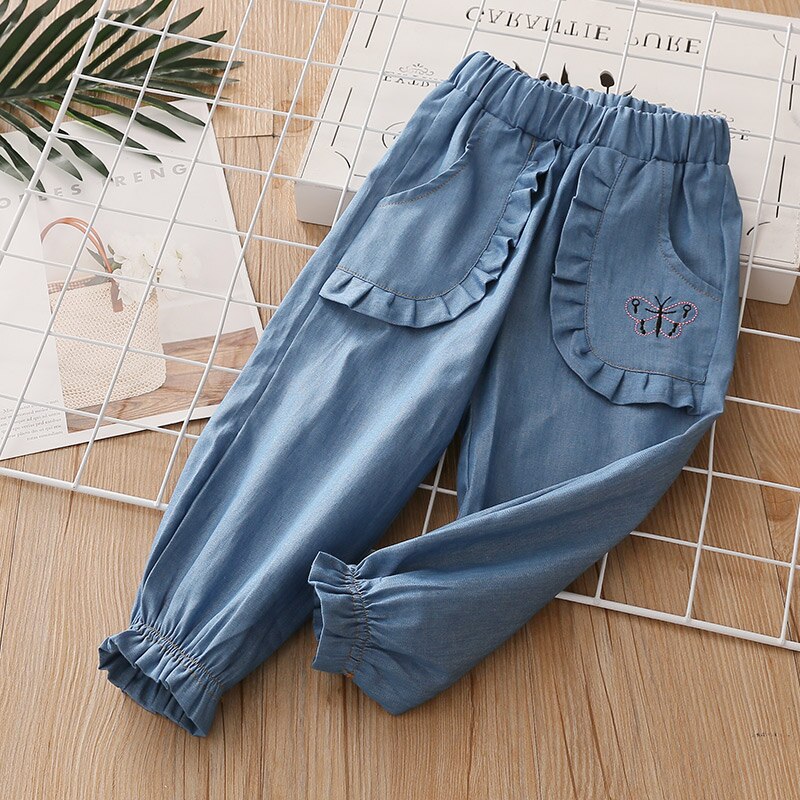 Casual Lente Herfst 2-8 10 Jaar Kinderen Pocket Elastische Cartoon Lantaarn Katoen Borduurwerk Denim Jeans Voor Kinderen baby Meisjes