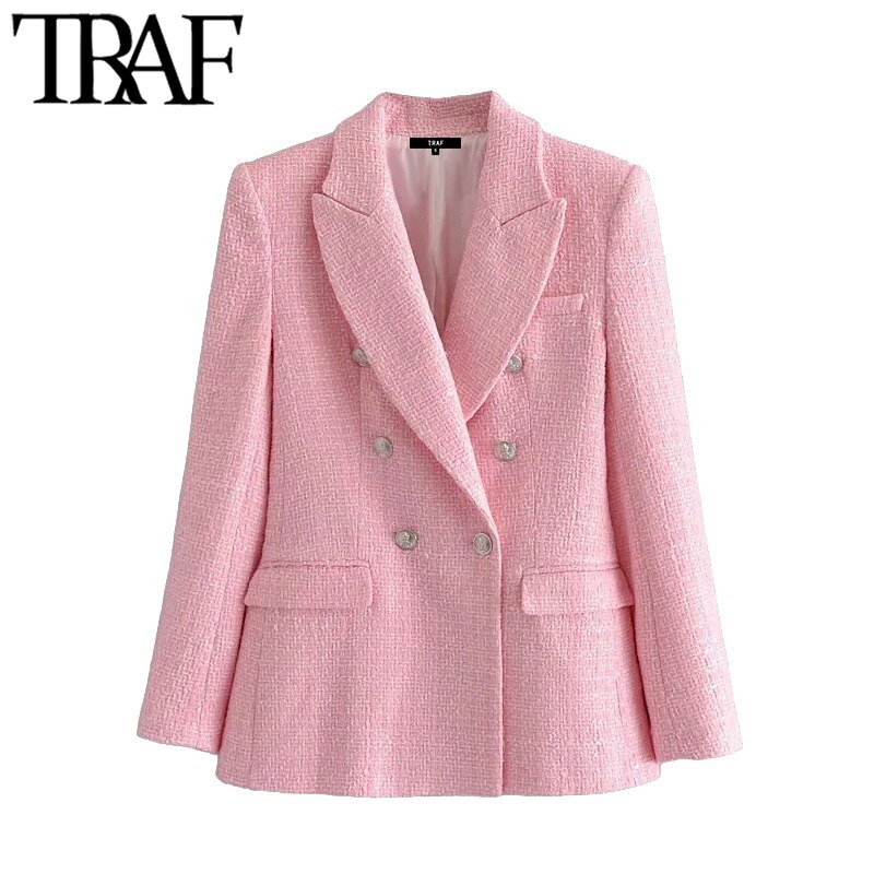 TRAF Women Double Breasted Tweed Check Blazer Coat Vintage Long Sleeve Pockets Female Outerwear Chic Veste