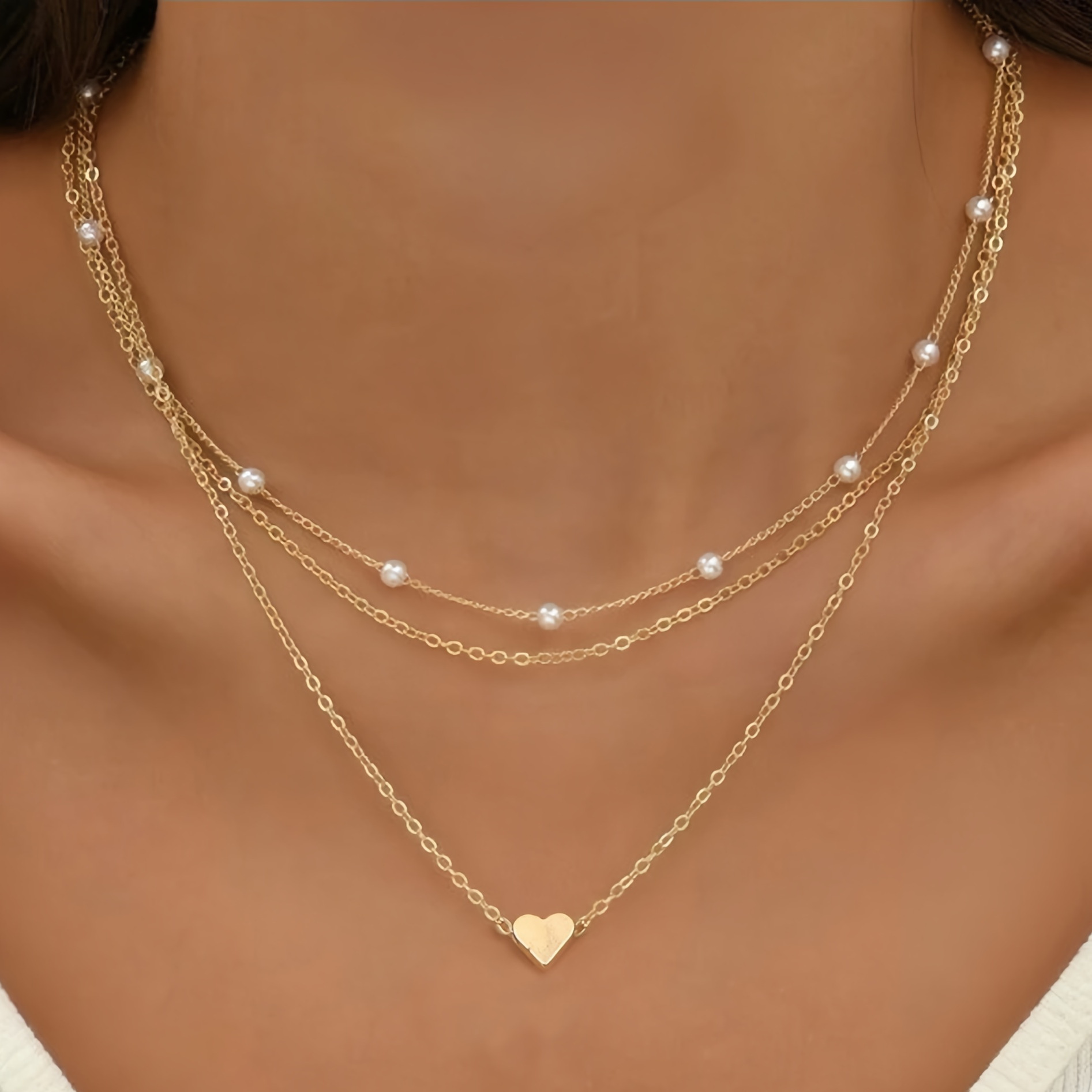 LATS-gargantilla de perlas sencilla para mujer, cadena de doble capa a la , colgante de corazón pequeño de amor, de joyería al por mayor: Color acero