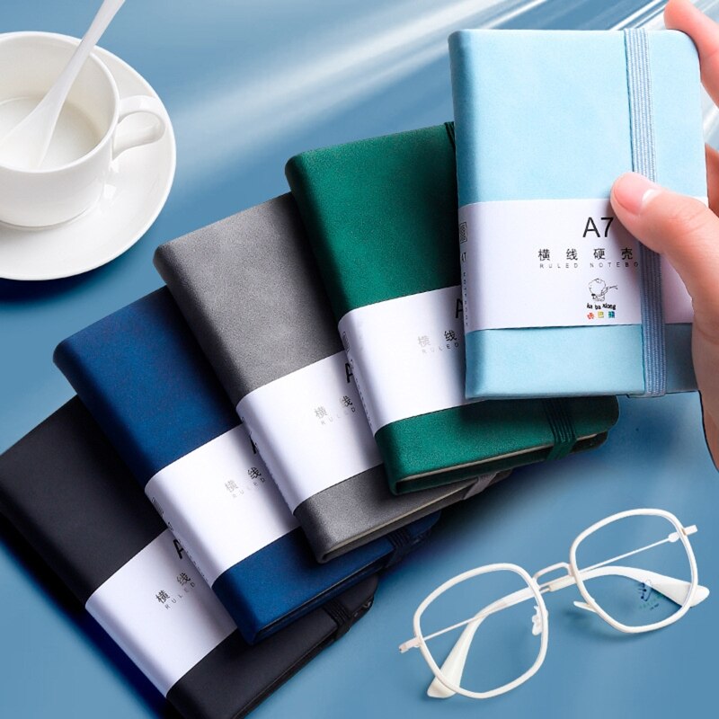 634A Hardcover Notebook A7/A6 Leather Notepad Pocket Journal Planner with Elastic Strap Wide Lined Paper for Adult Journaling