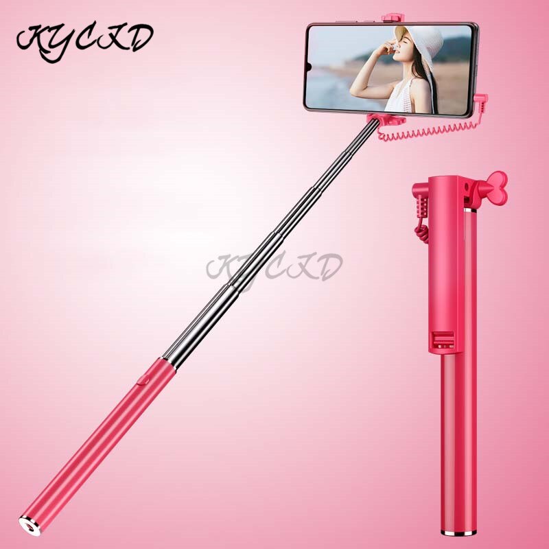 Handheld Selfie Stick 71CM Extendable With Remote Shutter Button 3.5mm Cable Wired Selfie Monopod Self-Timer For Android IOS: Rose Red